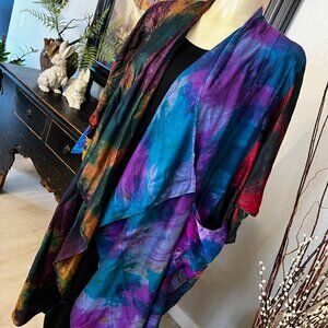 Sterling Styles Art Silk hand Designed oversized Kimona w/ Glass Bead Trim